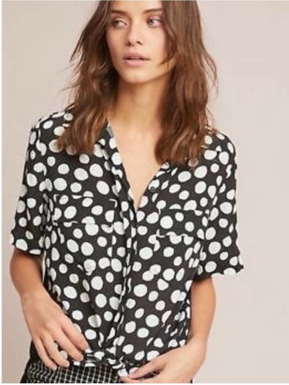 Anthropologie Porridge Bergen Black White -SZ S- Polka Dot Tie Front Top Blouse